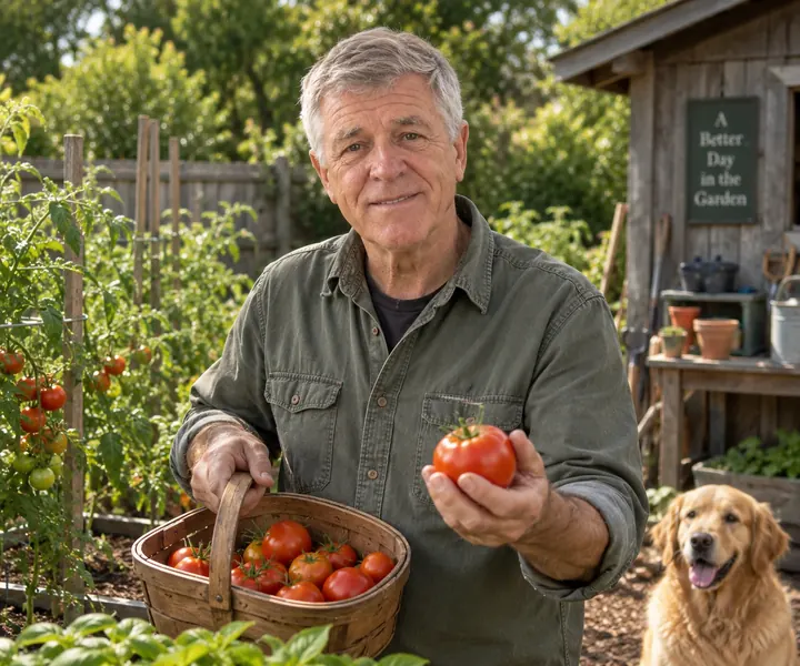 Frank holding a basket of ripe tomatoes, with his golden retriever beside him