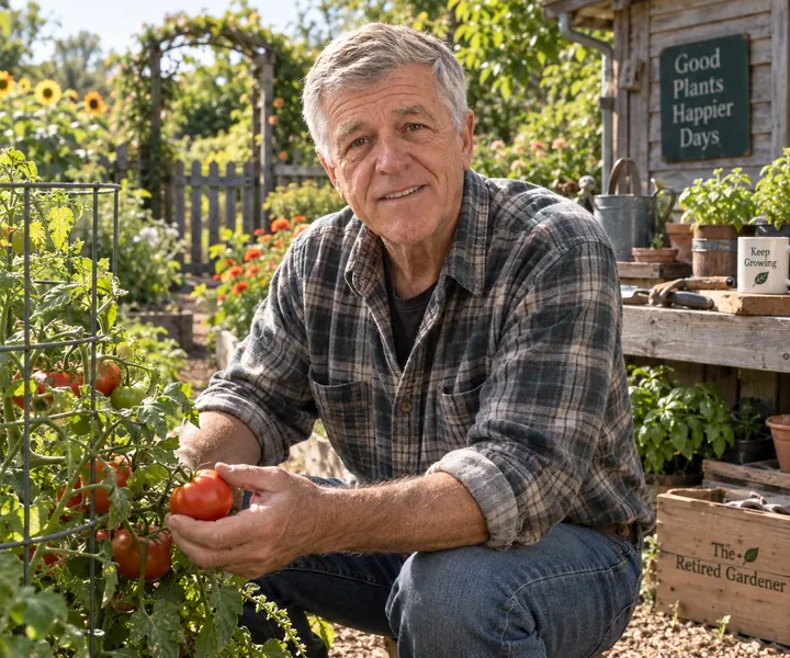 Frank crouching beside a caged tomato plant, holding a tomato