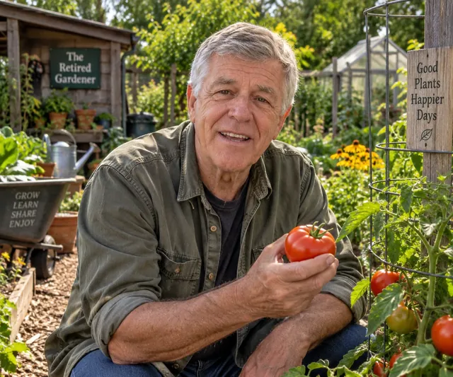 Frank kneeling beside his tomato cages, holding a ripe tomato, with The Retired Gardener sign on his shed behind him