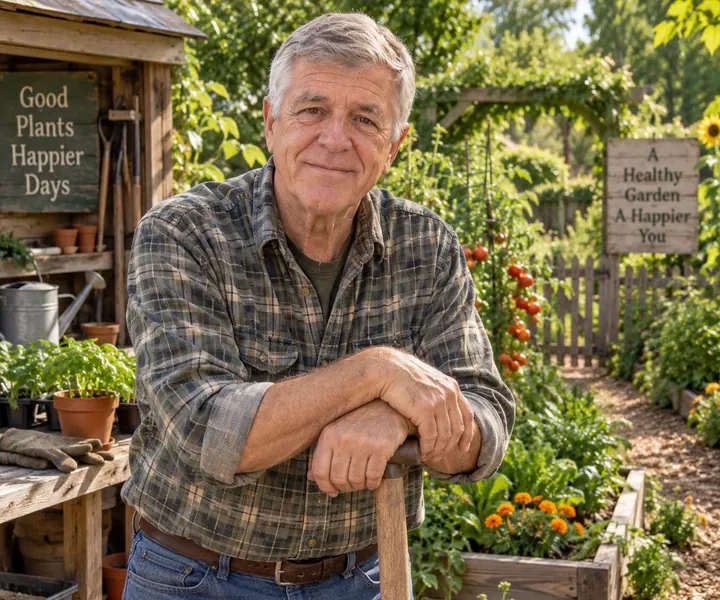 Frank leaning on a hoe beside his potting bench and tomato beds