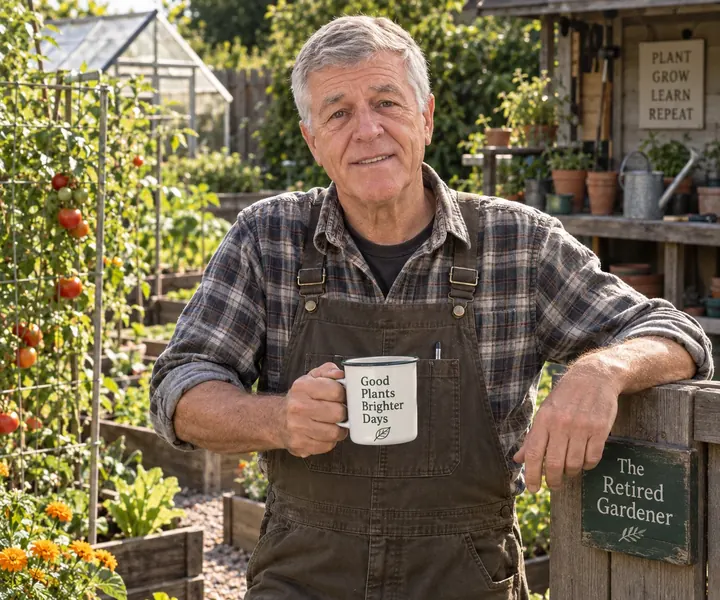 Frank in overalls holding a mug that reads Good Plants Brighter Days, leaning on his garden gate