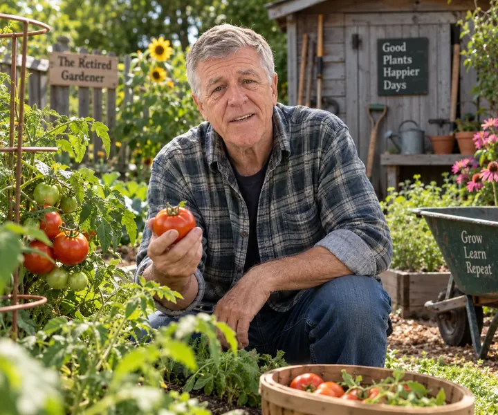 Frank kneeling beside his tomato plants, holding a ripe tomato