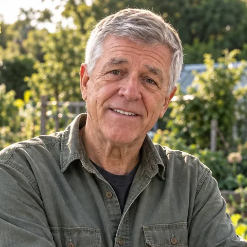 Frank, The Retired Gardener, standing in his vegetable garden