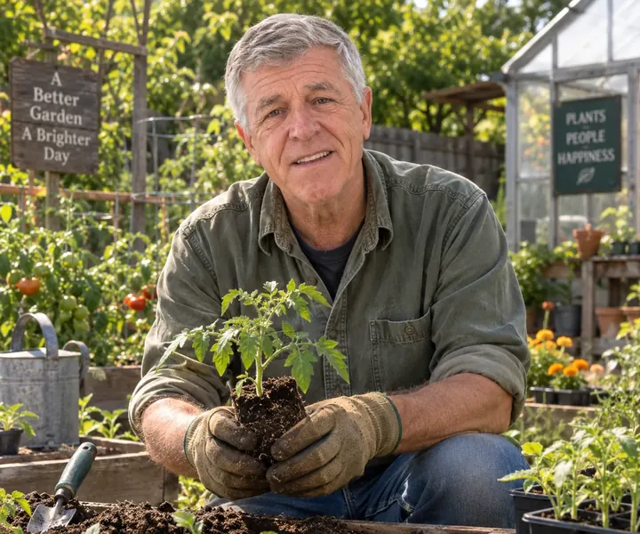 Frank holding a young tomato plant by its root ball
