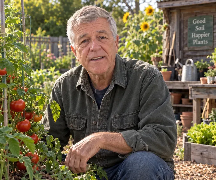 Frank crouching in the garden next to his tomato plants