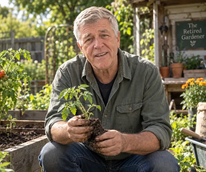 Frank setting out a tomato transplant in a raised bed