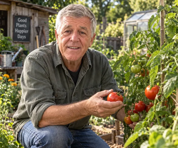 Frank holding a ripe tomato still on the vine
