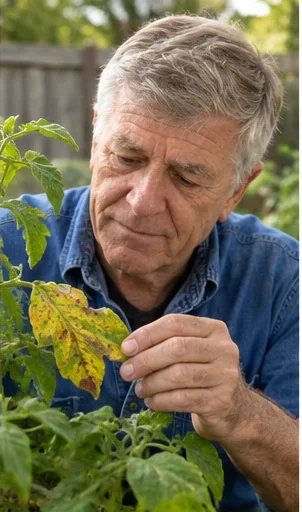 Frank turning over a yellowing tomato leaf to look at it closely