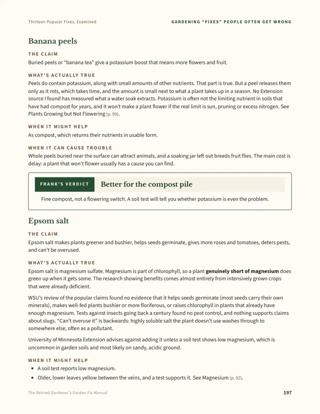 Manual page: banana peels and Epsom salt examined, each with the claim, what's actually true, and Frank's Verdict.
