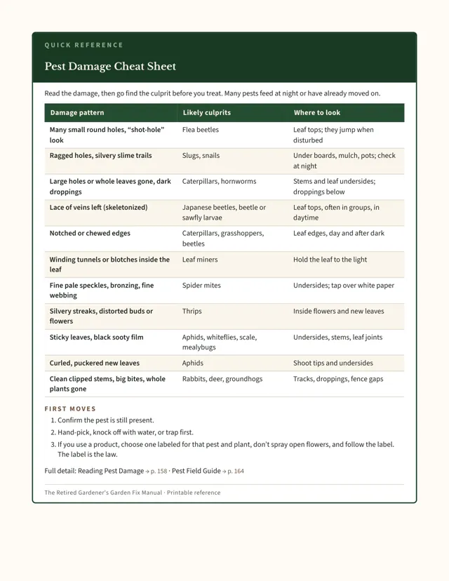 Manual page: Pest Damage Cheat Sheet listing damage patterns, likely culprits and where to look.